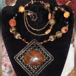 Amber Gold Filigree Tribal Statement necklace with agate Gemstone
